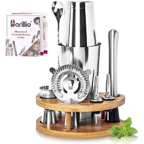 Elite Mixology Bartender Kit Cocktail Shaker Set by Barillio: Drink Mixer Set with Bar Tools, Bamboo Stand Boston Shaker Mojito Muddler Mixing Spoon Jigger Recipes Booklet