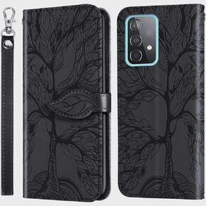 MEUPZZK Samsung Galaxy A52 Case, Samsung A52 5G / A52 4G / A52s 5G Wallet Case, Embossed Tree Premium PU Leather [Kickstand] [Card Slots] [Wrist Strap] [6.5 inch] Phone Cover for Samsung A52 (R-Blue)