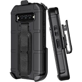 Case + Hand Strap + Holster Combo for Kyocera DuraForce Pro 3 Phone, Nakedcellphone Special Ops Camouflage Rugged Shield Cover and Ratchet Belt Clip Holder - Tree Real Woods Camo Design