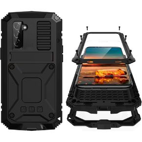 Samsung S22 Ultra Metal Case with Screen Protector Camera Protector Military Rugged Heavy Duty Shockproof Case with Stand Full Cover Tough case for Samsung S22 Ultra (S22 Ultra, Black)