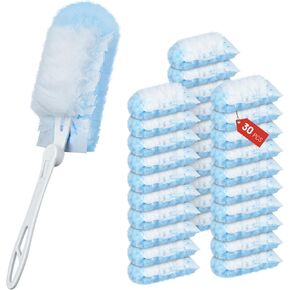 30 Count Duster Refills, Heavy Duty Multi-Surface 360° Duster Refills Replacement with 1 Extendable Handle Dusting Kit for Office, Car, Window, Furniture, Ceiling Fans, Blinds