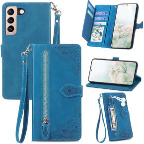 حافظة هاتف Galaxy S21 5G، حافظة محفظة S21 5G للنساء، غطاء واقٍ من جلد البولي يوريثان مزخرف بحزام معصم وسحاب وحامل بطاقات حافظة هاتف قلابة لهاتف Samsung Galaxy S21 5G (أرجواني)