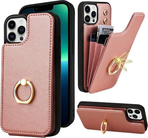 TopPerfekt Compatible with iPhone 13 Pro Max Wallet Case with Card Holder, 360°Rotation Finger Ring Holder Kickstand Protective RFID Blocking PU Leather Pattern Double Buttons Flip Cover 6.7" Cow in Saudi Arabia