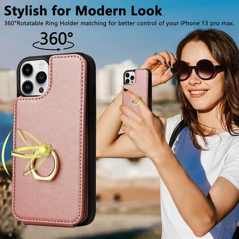 TopPerfekt Compatible with iPhone 13 Pro Max Wallet Case with Card Holder, 360°Rotation Finger Ring Holder Kickstand Protective RFID Blocking PU Leather Pattern Double Buttons Flip Cover 6.7" Cow in Saudi Arabia