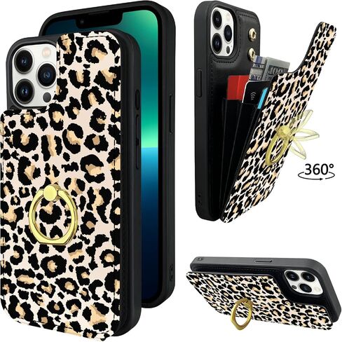 TopPerfekt Compatible with iPhone 13 Pro Max Wallet Case with Card Holder, 360°Rotation Finger Ring Holder Kickstand Protective RFID Blocking PU Leather Pattern Double Buttons Flip Cover 6.7" Cow in Saudi Arabia