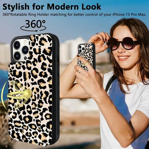 TopPerfekt Compatible with iPhone 13 Pro Max Wallet Case with Card Holder, 360°Rotation Finger Ring Holder Kickstand Protective RFID Blocking PU Leather Pattern Double Buttons Flip Cover 6.7" Cow in Saudi Arabia