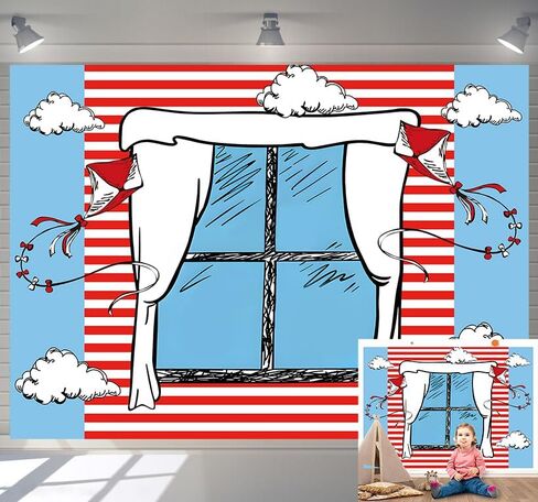 Cartoon Window Photography Backdrops Blue Red Kite Striped Boys Girls 1st Birthday Party Background Baby Shower Decorations Cake Table Banner Photo Booth Props (7x5ft) in Kuwait