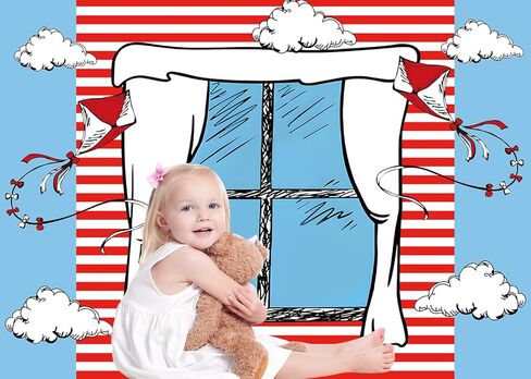 Cartoon Window Photography Backdrops Blue Red Kite Striped Boys Girls 1st Birthday Party Background Baby Shower Decorations Cake Table Banner Photo Booth Props (7x5ft) in Kuwait