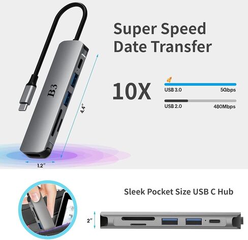 USB C Hub HDMI Adapter for MacBook Air Pro, 6 in 1 4K Dongle Multiport Converter with 50cm Cable, USB 3.0 5Gbps Data Transfer, 55W PD, SD/TF Card Slotfor Mac M1 M2 PC Laptop in Saudi Arabia