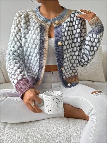 GORGLITTER Women's Button Down Color Block Cardigan Sweater Long Sleeve Casual Knit Outwear in Kuwait