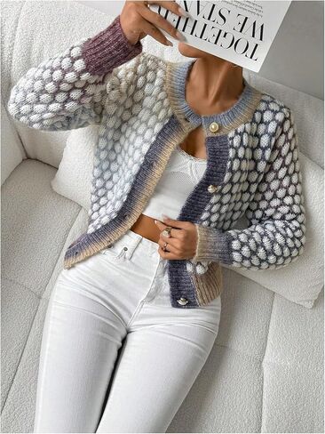 GORGLITTER Women's Button Down Color Block Cardigan Sweater Long Sleeve Casual Knit Outwear in Kuwait