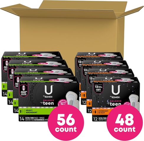 فوط U من Kotex Balance بحجم مناسب للمراهقين رفيعة جدًا بأجنحة، شديدة الامتصاص، 160 قطعة (4 عبوات من 40) (قد تختلف التعبئة) in Kuwait