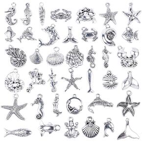 BronaGrand 40 Pieces Mixed Antique Silver DIY Ocean Fish & Sea Creatures Charms Pendants for Making Bracelet and Necklace