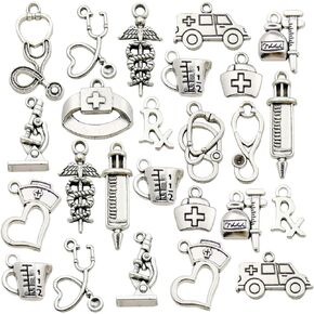 WOCRAFT 70pcs Craft Supplies Antique Silver Medical Nurse Charms Stethoscope Syringe Nurse Cap Hat Charms for Jewelry Making Crafting Findings Accessory for DIY Necklace Bracelet (M297)