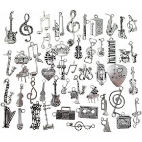 Kinteshun Music Elements Charm Alloy Multistyle Musical Instrument Notes Symbols Pendant Connector for DIY Jewelry Making Accessaries(50pcs,Antique Silver Tone)