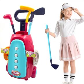 Golf Toy Kids Set - Children Minigolf Play Sport Game, Practice Indoor & Outdoor Activity, Girl & Boy 3 4 5 6 7 8 9 10 11 12 Year Old, Toddler Gift with Hole, Club, Ball, Trolley (Red)