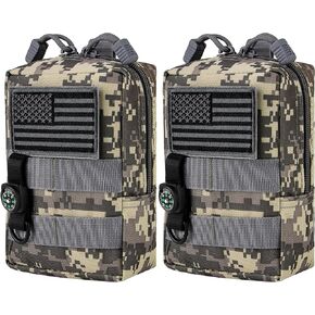 bvya 2 Pack Tactical Molle Pouch Multi-Purpose Compact Waist Pack Water-Resistant Small Utility EDC Pouch with Flag Patch for Molle Backpack, Mini Compass Included