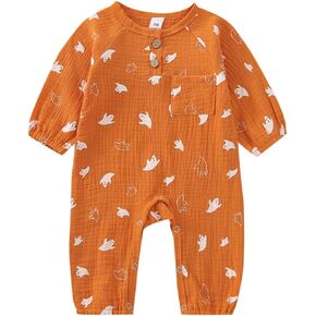 FIOMVA Newborn Baby Girl Boy Halloween Outfit Pumpkin Long Sleeve Romper Onesie Cotton Linen Jumpsuit Fall Winter Clothes