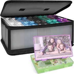 Bluedale Photo Storage Box with 10 Inner 4" x 6" Black Photo Case, Waterproof Craft Keeper with Handle, Photo Organizer Container Box with 1 Sheet Label Sticker for Picture Seeds Craft Supplies