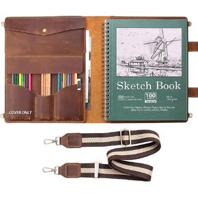 Robrasim Handmade Leather Sketchbook Cover, Artist Sketch Pad Holder for 9"X12" Sketchbook, Drawing Book and Pencil Case, Journal Notebook Portfolio with Shoulder Strap, Artist Gifts, Coffee