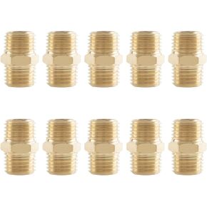 XHSP 10PCS Brass Pipe Fitting, 1/4-Inch Male Pipe x 1/4-Inch Male Pipe - Hex Nipple Coupling Set, Male Pipe Air Hose Fitings