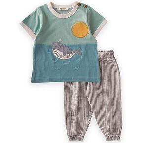CIGIT - Green 100% Cotton Whale Embroidered T-shirt and Pants Set for Kids 1-5 Years - Flexible and Comfortable