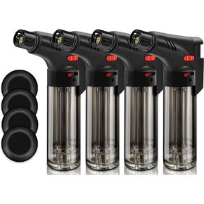 4 Pack of Torch Lighter, Powerful Windproof Jet Flame, Butane Gas Refill, with Safety Lock, Mini Blow Torch Lighters for Candle, Firework (NO Gas)