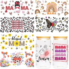 UV DTF Cup Wrap for 16 OZ - 8 Sheets Mama UV DTF Transfer Sticker for Glass, Mom Daily Affirmation, Bohemian Rainbow, Sunflower, Butterflies Style Rub On Transfers, Mom Appreciate Gifts