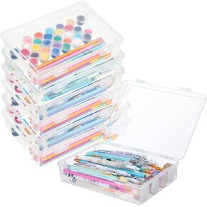 Qunclay 6 Pcs 7'' x 9'' x 2'' Plastic Storage Box with Lid Multipurpose Craft Organizers Plastic Containers Clear Pencil Case Art Satchel Storage Case for Beads Ornaments Crafts Accessories