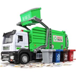 Garbage Truck Toys for Kids,Garbage Truck Metal Diecast Cab,Pull Back Garbage Truck Toy with Lights and Sounds,Recycling Truck Toy with Trash Cans and Bins,Garbage Trucks for Boys Age 4-7