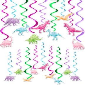 WERNNSAI Watercolor Dinosaur Party Hanging Swirl - 24Pcs Dinosaur Party Decorations for Girls Kids Birthday Baby Shower Foil Whirls Ceiling Streamers Spirals Dino Theme Party Supplies