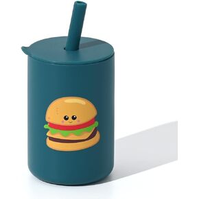 JOYIT Silicone Toddler Open Cup with Straw, Silicone Open Mouth Cup for Baby 6 oz, Baby Training Cup (Hamburger-Ocean Blue)