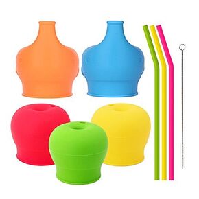 Silicone Sippy Straw Cup Lids for Toddlers Babies (5 Pack) - Reusable, Spill-Proof - Stretches to Cover Tumblers, Yeti Rambler, Mason Jars, Cups and Mugs