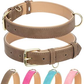 Leather Dog Collar for Small Medium Large Dogs, Soft Padded Dog Leather Collar with Heavy Duty Gold Buckle, Durable & Comfortable for Large Dogs Daily Walking (Hot Pink, L)