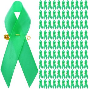 100 Pieces Awareness Ribbon Satin Ribbon Lapel Pins Fabric Ribbons with Safety Pins for Women Men (Yellow) (Green)