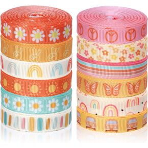Whaline 12 Rolls Groovy Retro Hippie Boho Ribbon Rainbow Butterfly Daisy Flower Craft Ribbon 60 Yards 3/8 Inch Printed Grosgrain Fabric Ribbon for Wreath Bow Making DIY Crafts Wrapping