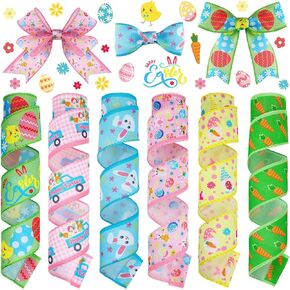 6 Rolls 30 Yards Easter Ribbon 2 Inch Bunny Egg Rabbit Ribbon Pastel Spring Color Wired Edge Craft Ribbon Fabric Decorative Wrapping Ribbon Roll for Gift Hair Bow Sewing Crafts Supplies (Bunny)