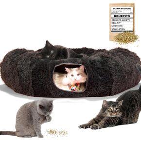 Large Cat Cave Tunnel Bed - Cat Donut Tunnel Bed with Soft Mat and Plush Ball Toy - Fluffy Cat Tube & Peekaboo Cat Cave Donut - 3 ft Collapsible Cat Tunnels for Indoor Cats, Dark Gray, Cat Park