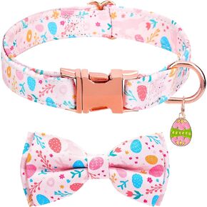 Easter Dog Collar with Bowtie, Adjustable Easter Dog Collar, Pet Collar with Metal Buckle and Cute Charms, Dog Collars for Small Dogs (S（11-16"）, Pink)