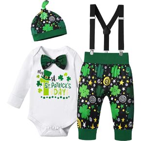 St Patricks Day Baby Boy Outfit, Letter Print Bow Tie Romper + Lucky Grass or Elf Suspenders Trousers +Hat 3pcs Set
