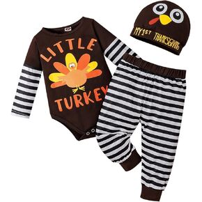 My First Thanksgiving Baby Boy Outfits Thanksgiving Newborn Clothes Infant Turkey Romper Pants Hat 3Pcs 0-18 Months