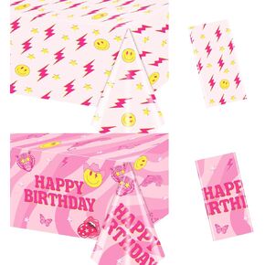 Preppy Party Decorations-2pcs Preppy Party Tablecloths, Pink Emoji Smiley Face Tablecloth Smiley Face Birthday Decorations for Preppy Birthday Smiley Face Party Preppy Party Favors