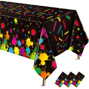 VitalCozy 3 Pcs Glow Party Tablecloth Neon Table Covers Plastic Glow 54 x 108 Inch Disposable Table Cloths for Glow in The Dark Neon Birthday Party Decorations Black Light Party Supplies
