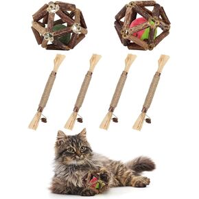 Anboor 6Packs Catnip Toys Set with 2Pcs Catnip Ball Toys with 4Pcs Nature Silvervine Stick for Kitten Catmint Chew Toy,Catnip Toys for Cleaning Teeth,Relaxing Cats Toy for All Breeds