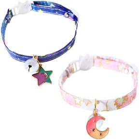 2 Pcs Cute Moon and Star Cat Collar with Bells Adjustable Cat Collar with Quick Release Buckle and Bell Adjustable Cute Kitty Collar with Bells for Cats Kitten