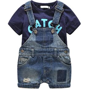Cute Baby Boys Clothes Toddler Jeans Romper Set with Blue Letters Printed Short Sleeve T-shirt