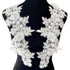 PEPPERLONELY 1 Pair Lace Flower Wedding Dress Patch Embroidered Sew On Applique Lace Trim, 13.75 x 5.5 Inches, Ivory