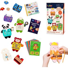 Battat Education – Wooden Lacing Toy – Lacing and Threading Toy – Montessori Lacing Toy – Lace-Up Animals – 3 Years + – Lace-Up & Learn Animals (35 Pcs)