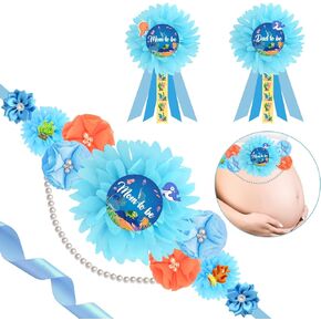 JOYMEMO Under The Sea Baby Shower Maternity Sash Kit - Flower Baby Shower Belly Belt and Mom To Be & Dad To Be Corsage Pins, Ocean Animals Baby Shower Decor, Pregnancy Sash for Parents Baby Boy Girl