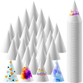 100 Pcs White Party Cone Hats DIY Fun Birthday Hat with Rope April Fool's Day Ice Cream Paper Cones Hat Bulk for Kids Adults Art Painting Craft Party Supplies Decoration